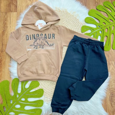 Conj. Casaco Dinossaur com Capuz e Calça de Moletom - Marrom e Preto